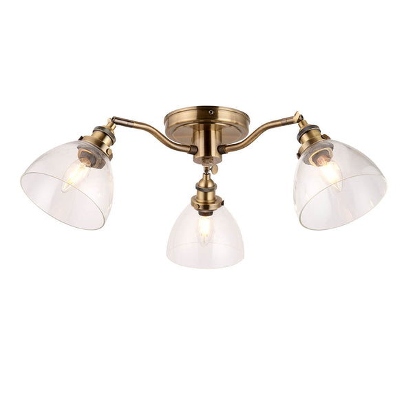 Endon Hansen 3 Light Semi Flush Ceiling Light in antique brass with clear glass