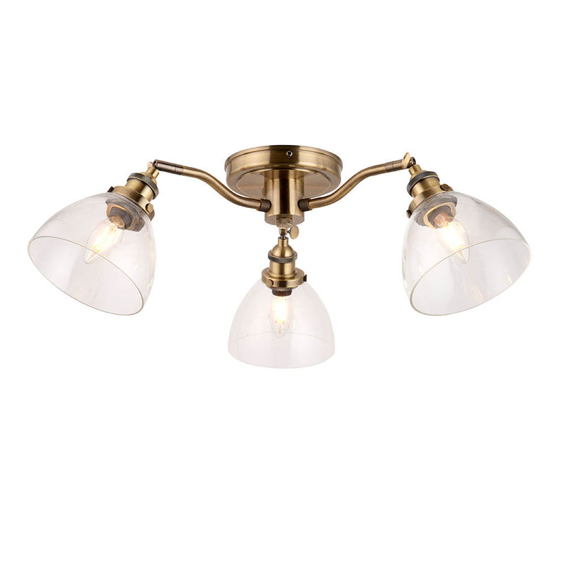 Endon Hansen 3 Light Semi Flush Ceiling Light in antique brass with clear glass