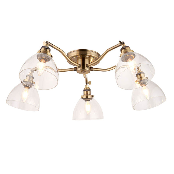 Endon Hansen 5 Light Semi Flush Ceiling Light in antique brass with clear glass