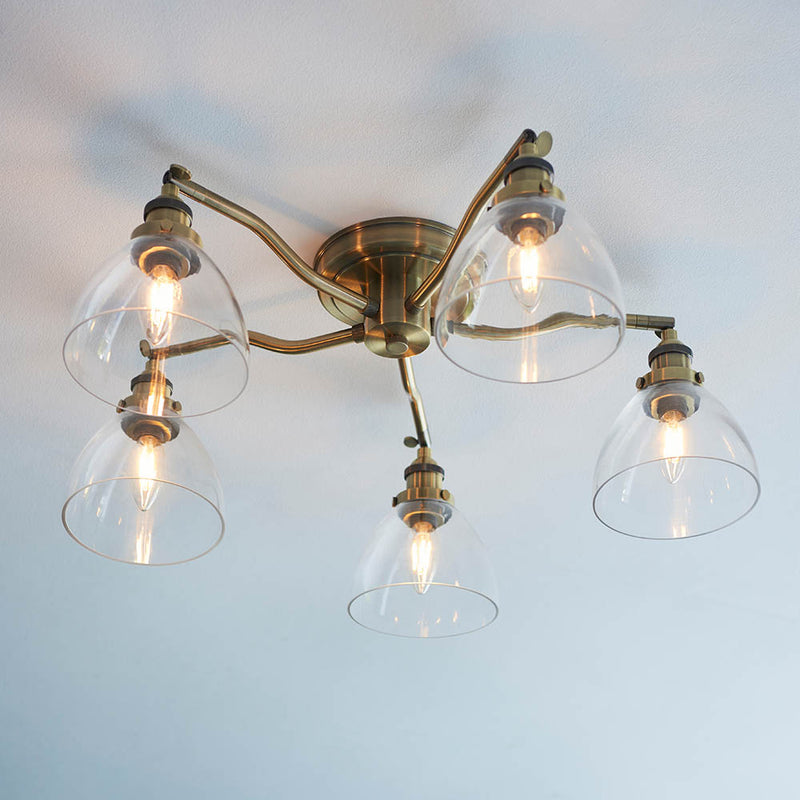 Hansen 5 Light Semi Flush Ceiling Light in antique brass on a kitchen ceiling