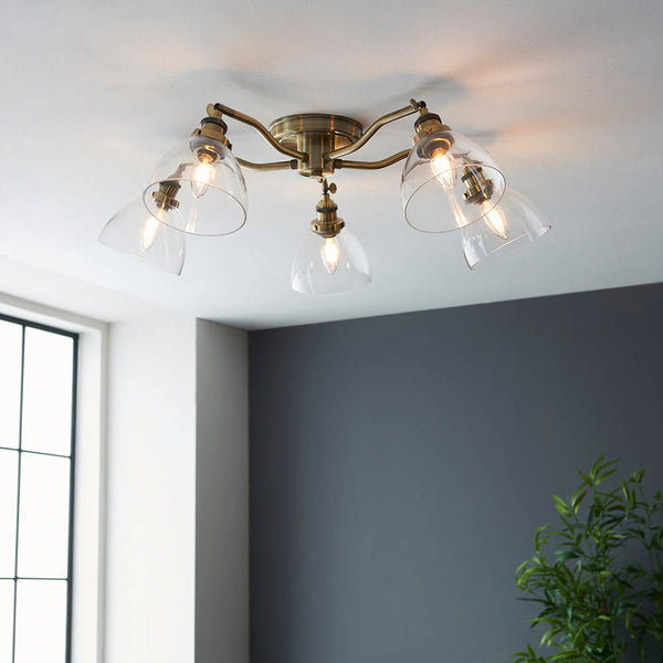 Hansen 5 Light Semi Flush Ceiling Light lit up in a styled kitchen