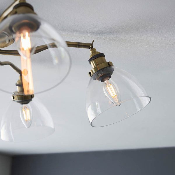 Close-up of the clear glass on the Hansen 5 Light Semi Flush Ceiling Light