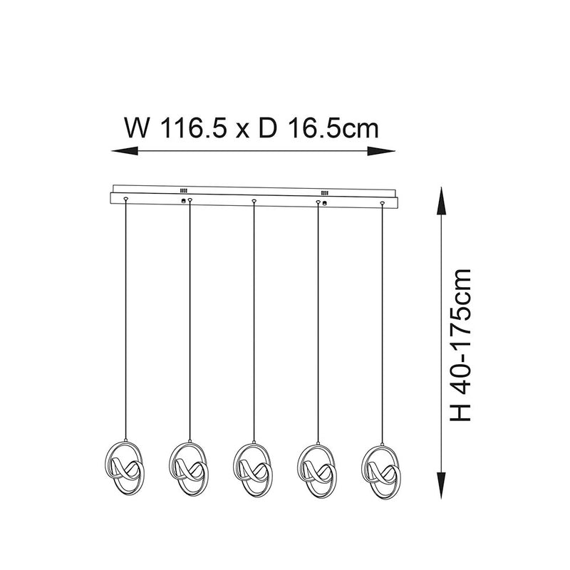 Cosma 5 Light LED Linear Pendant dimension drawing showing width and drop