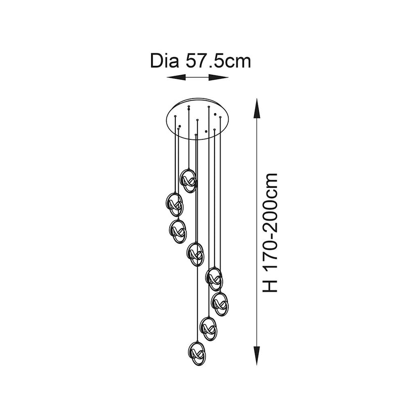 Cosma 8 Light LED Cluster Pendant dimension drawing showing width and drop