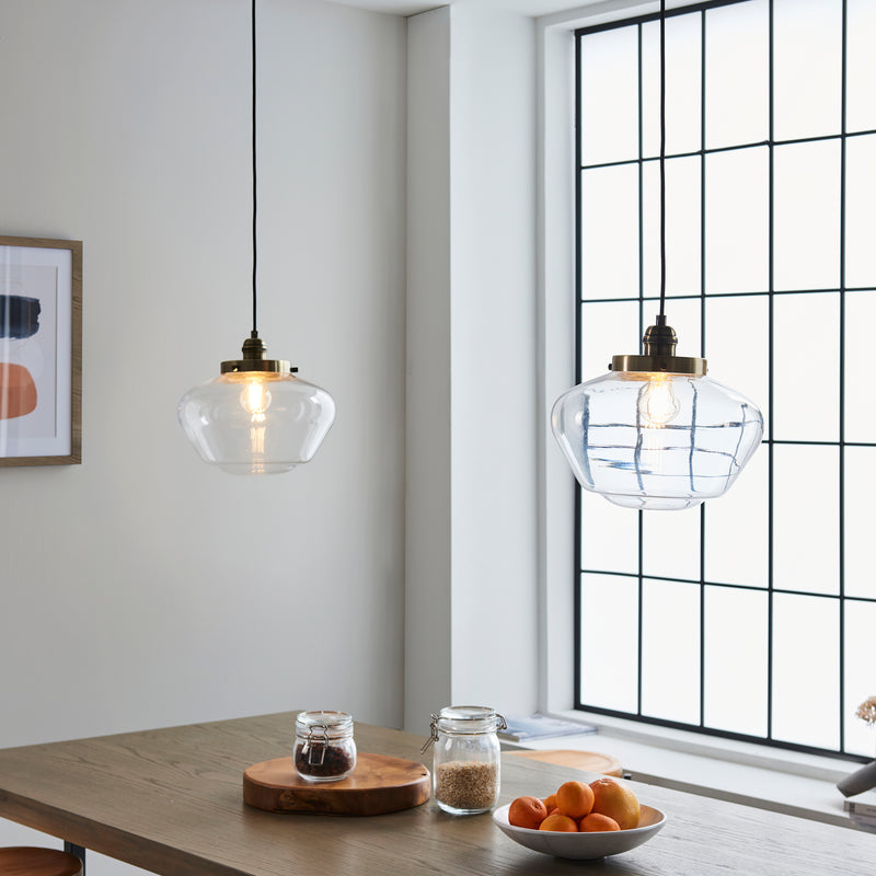 Camberley Pendant lit up in a styled kitchen