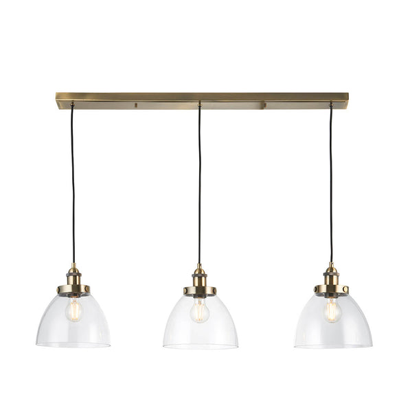 Endon Hansen 3 Light Linear Pendant in antique brass with clear glass