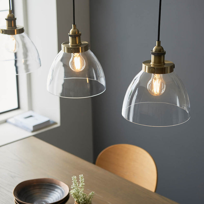 Close-up of the clear glass on the Hansen 3 Light Linear Pendant