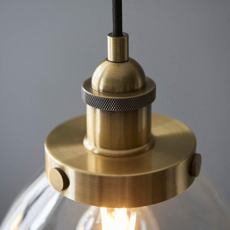 Hansen 3 Light Linear Pendant detail showing the clear glass and fittings