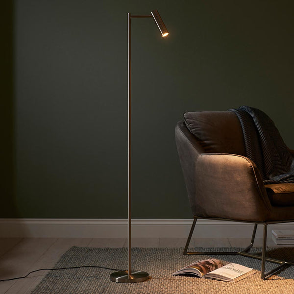 Endon Dedicated Reader LED Floor Lamp in satin nickel in a styled living room