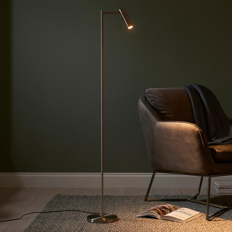 Endon Dedicated Reader LED Floor Lamp in satin nickel in a styled living room