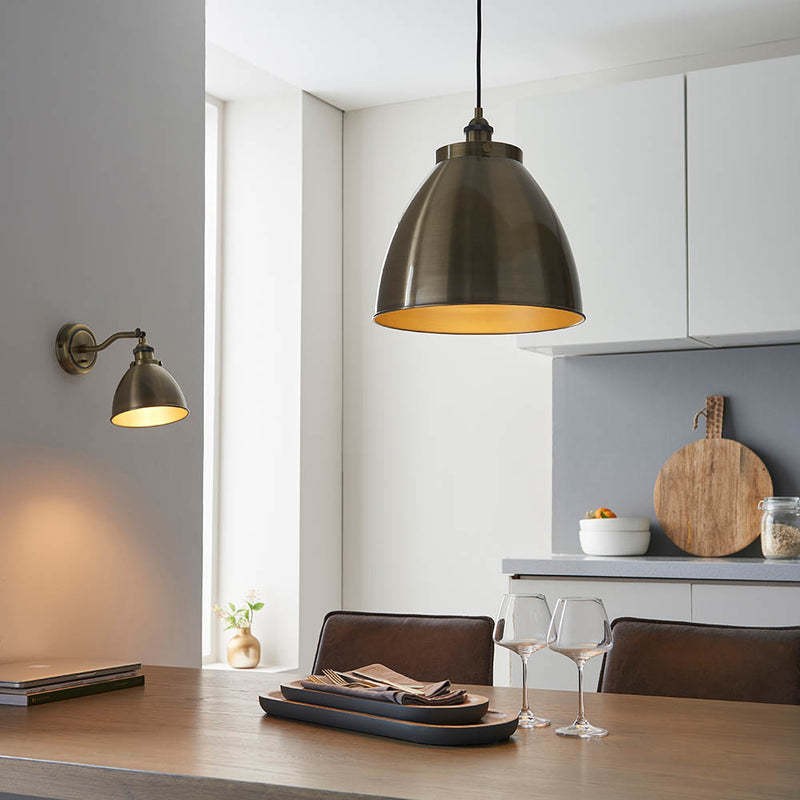 Franklin Large Pendant lit up in a styled kitchen