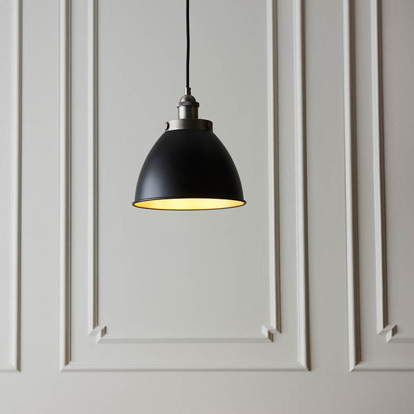 Franklin Small Pendant in matt black and aged pewter hanging in a kitchen