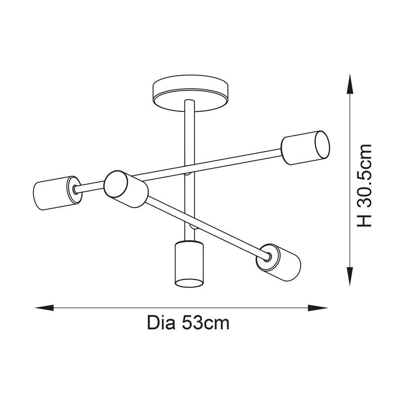 Studio 5 Light Semi Flush Ceiling Light dimension drawing showing width and depth