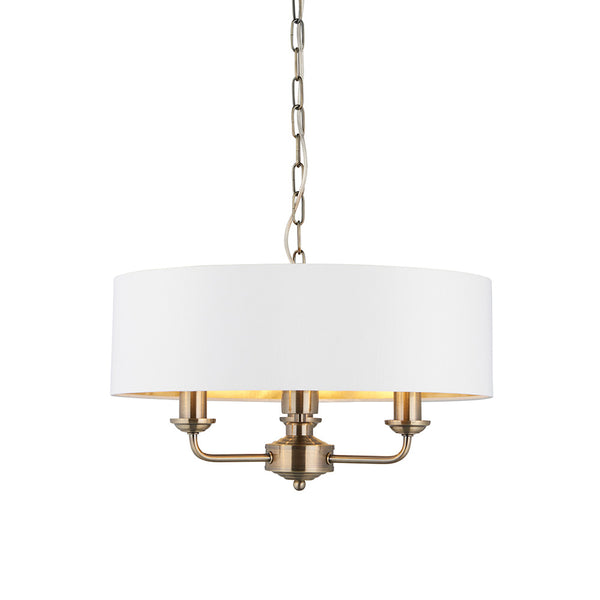 Endon Highclere 3 Light Drum Pendant in antique brass with vintage white fabric
