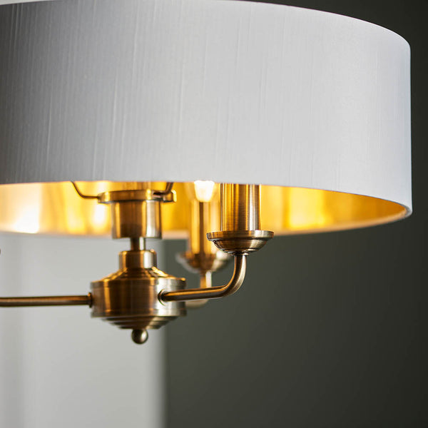 Close-up of the vintage white fabric on the Highclere 3 Light Drum Pendant