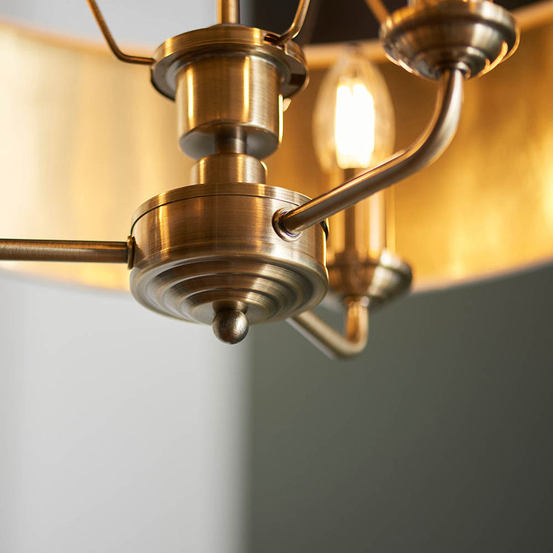 Highclere 3 Light Drum Pendant detail showing the vintage white fabric and fittings