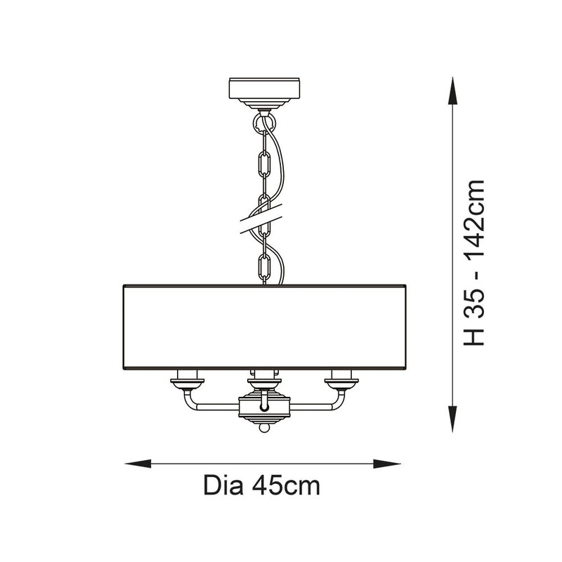 Highclere 3 Light Drum Pendant dimension drawing showing width and drop