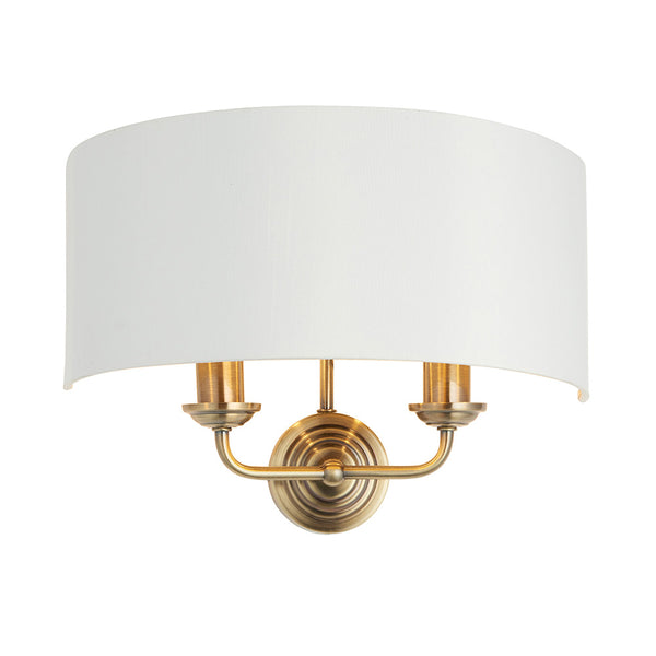 Endon Highclere 2 Light Wall Light in Antique Brass with Vintage White Fabric Shade & Gold Metallic Lining – Elegant Dimmable E14 LED Twin Wall Sconce for Living Rooms, Bedrooms & Hallways.