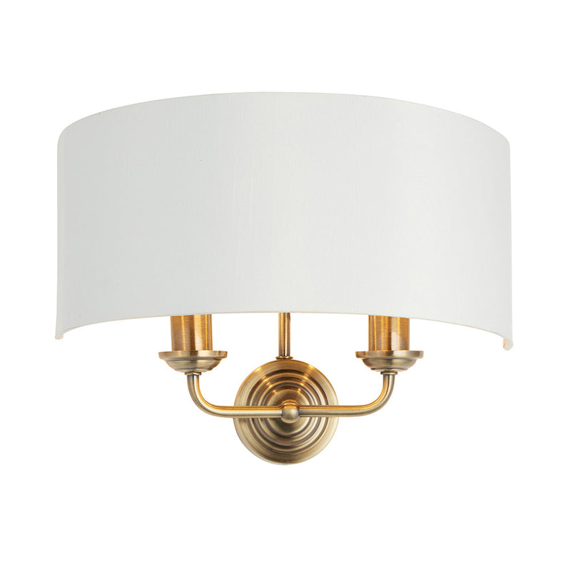 Endon Highclere 2 Light Wall Light in Antique Brass with Vintage White Fabric Shade & Gold Metallic Lining – Elegant Dimmable E14 LED Twin Wall Sconce for Living Rooms, Bedrooms & Hallways.