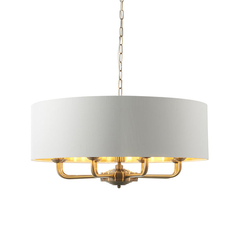 Endon Highclere 8 Light Drum Pendant in antique brass with vintage white fabric