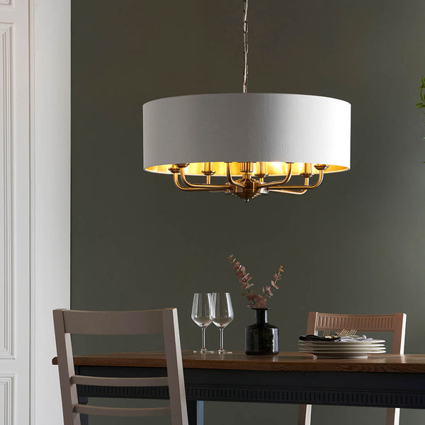 Close-up of the vintage white fabric on the Highclere 8 Light Drum Pendant