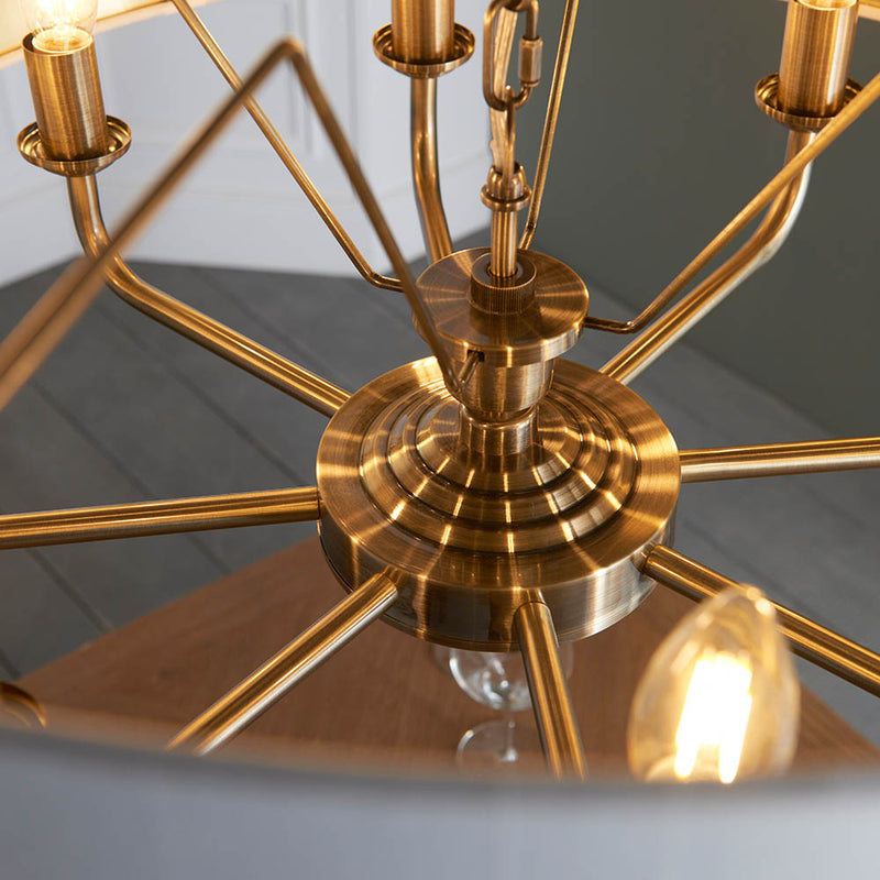 Highclere 8 Light Drum Pendant detail showing the vintage white fabric and fittings