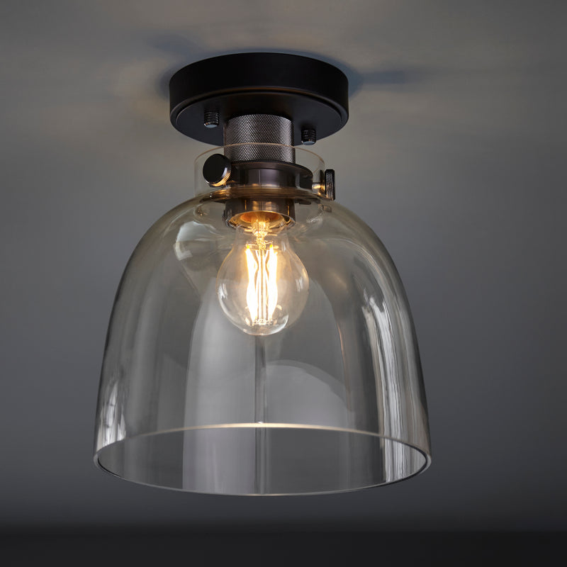Urban Flush Ceiling Light in black chrome and smoked glass on a hallway ceiling