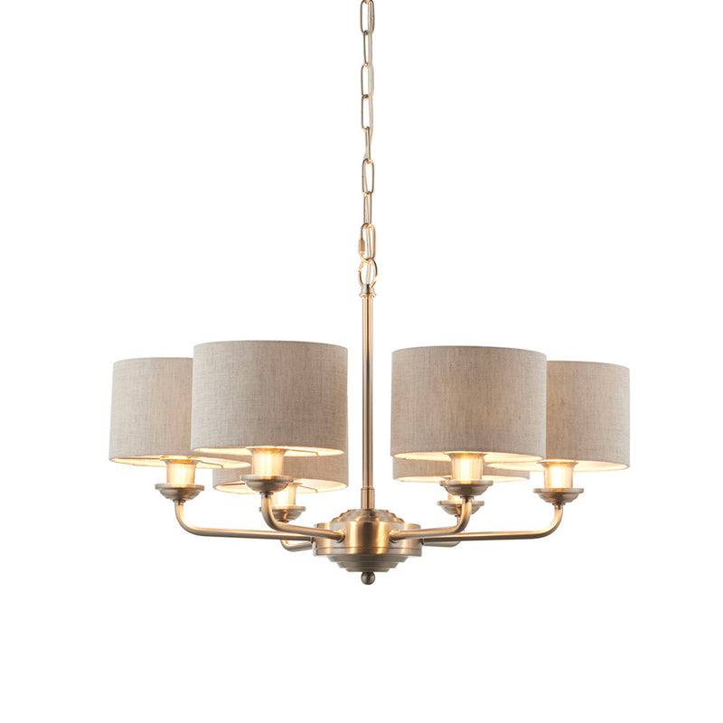 Endon Highclere 6 Light Pendant in brushed chrome with natural linen