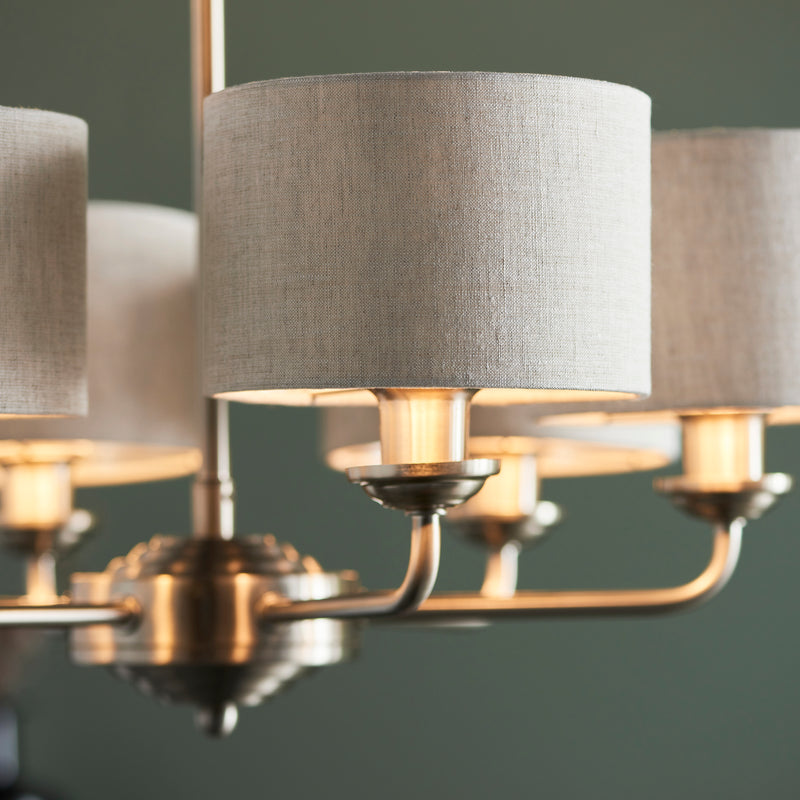 Detail of the brushed chrome finish on the Highclere 6 Light Pendant