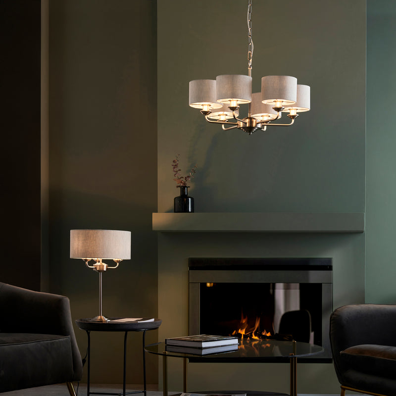 Highclere 6 Light Pendant detail showing the natural linen and fittings