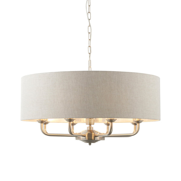 Endon Highclere 8 Light Drum Pendant in brushed chrome with natural linen
