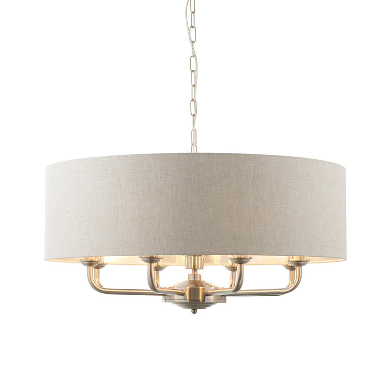 Endon Highclere 8 Light Drum Pendant in brushed chrome with natural linen