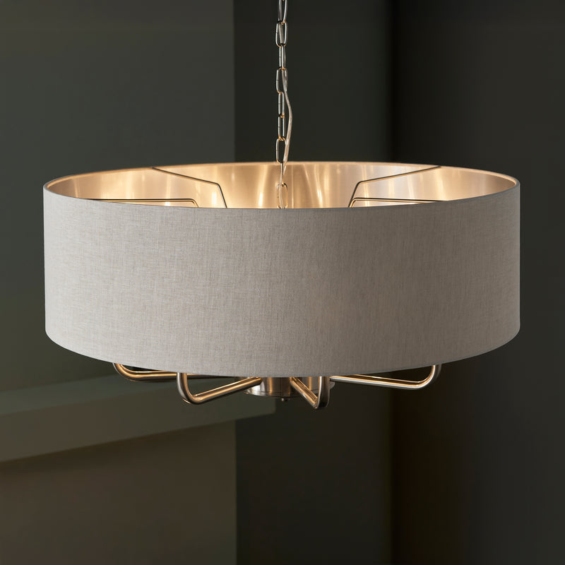 Highclere 8 Light Drum Pendant in brushed chrome shown in a room setting