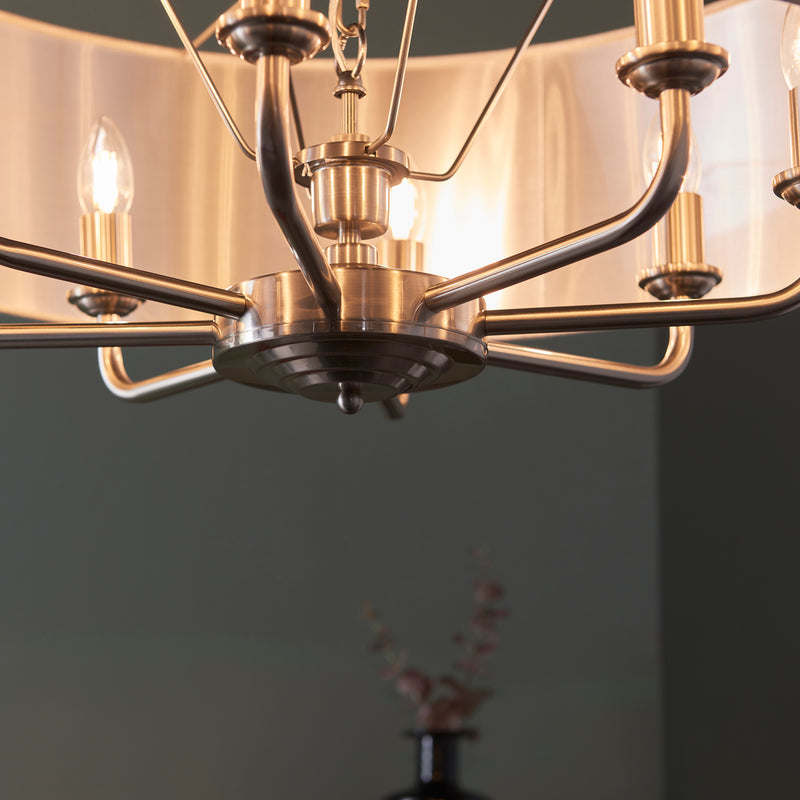 Close-up of the natural linen on the Highclere 8 Light Drum Pendant