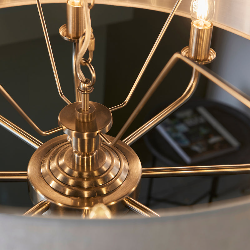 Detail of the brushed chrome finish on the Highclere 8 Light Drum Pendant