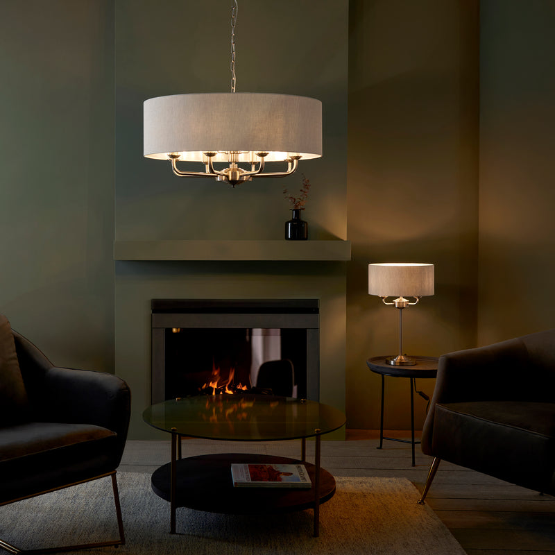 Highclere 8 Light Drum Pendant detail showing the natural linen and fittings