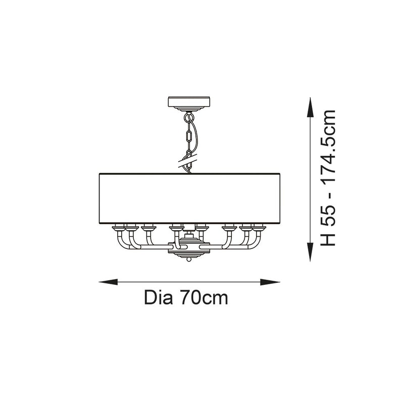 Highclere 8 Light Drum Pendant dimension drawing showing width and drop