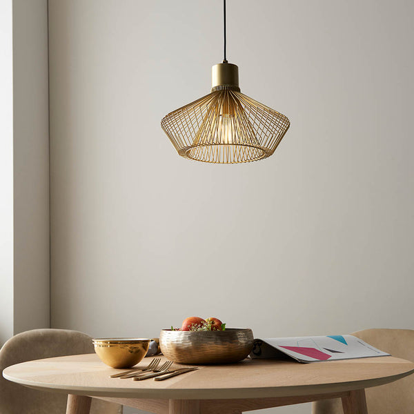 Kimberley Cage Pendant lit up in a styled kitchen
