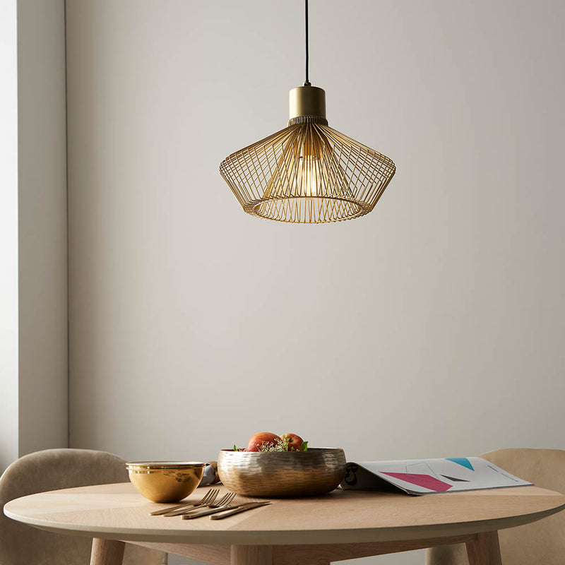 Kimberley Cage Pendant lit up in a styled kitchen