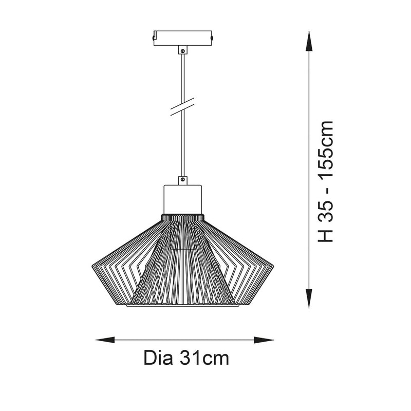 Kimberley Cage Pendant dimension drawing showing width and drop