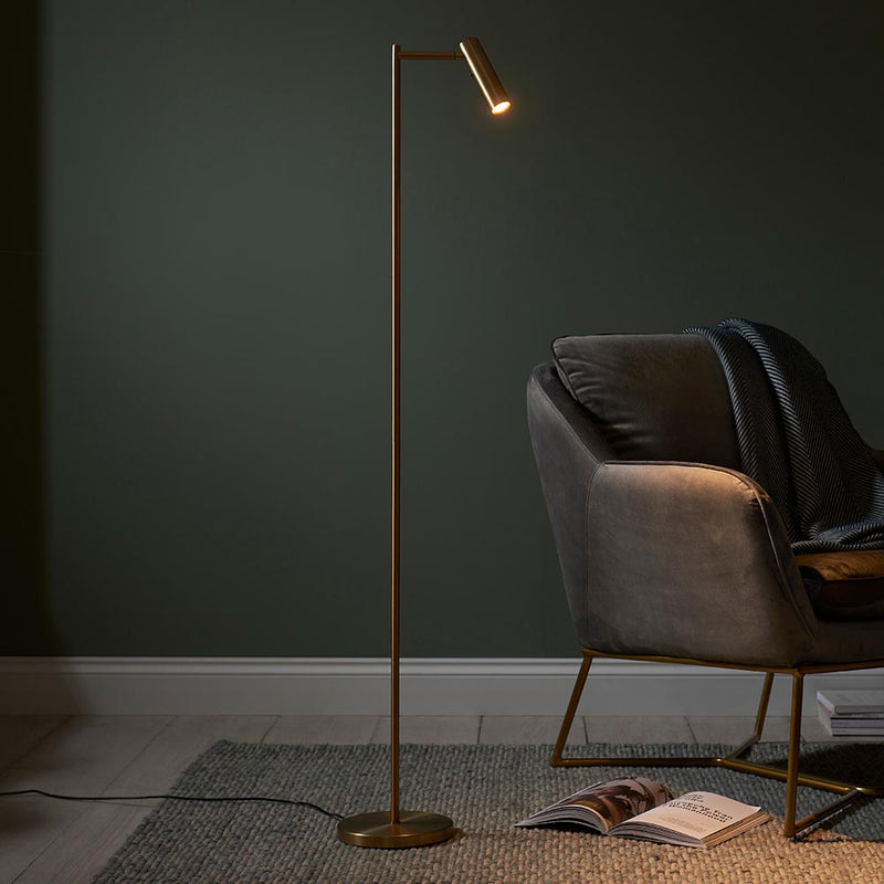 Endon Dedicated Reader LED Floor Lamp in warm brass in a styled living room