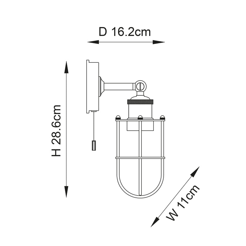 Crew Bathroom Wall Light dimension drawing showing height, width and projection