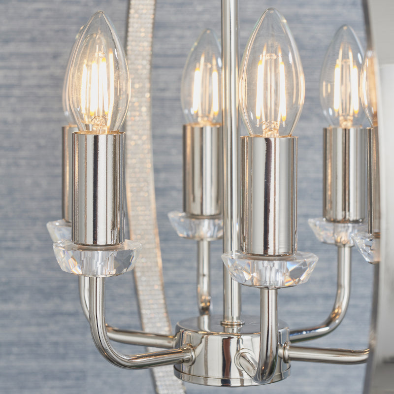 Endon 6 light Ritz pendant candle globe chandelier finished in polished nickel product code 81508