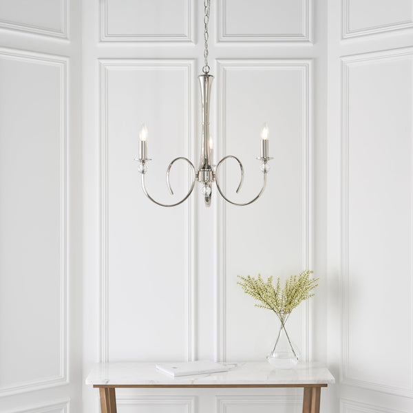 Fabia's stunning 3-light pendant incorporates beautifully curved arms adorned with crystal glass detailing and finished in a polished nickel plate. This stunning piece will add a luxurious feel to any room in your home.   This Fabia stunning 3-light pendant is dimmable and suitable for use with LED bulbs. Supplied complete with fixing accessories.