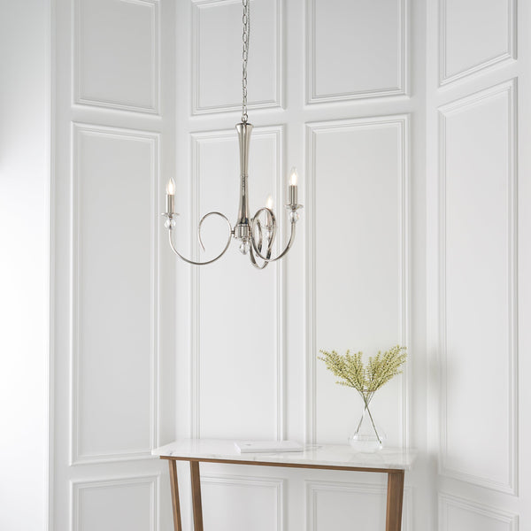 Fabia's stunning 3-light pendant incorporates beautifully curved arms adorned with crystal glass detailing and finished in a polished nickel plate. This stunning piece will add a luxurious feel to any room in your home.   This Fabia stunning 3-light pendant is dimmable and suitable for use with LED bulbs. Supplied complete with fixing accessories.