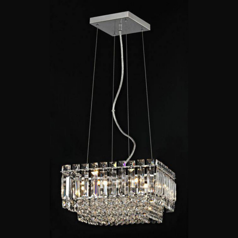 Impex Alvery 5-Light Rectangular Pendant Light in Polished Chrome features a sleek metal frame, crystal accents, and bright illumination, making it a luxurious addition to dining areas and modern interiors.