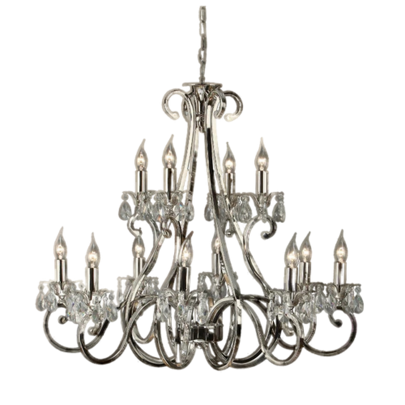 Interiors 1900 Oksana Nickel Plated UL1P12N 12 Light Candle Chandelier With Crystal Droplets