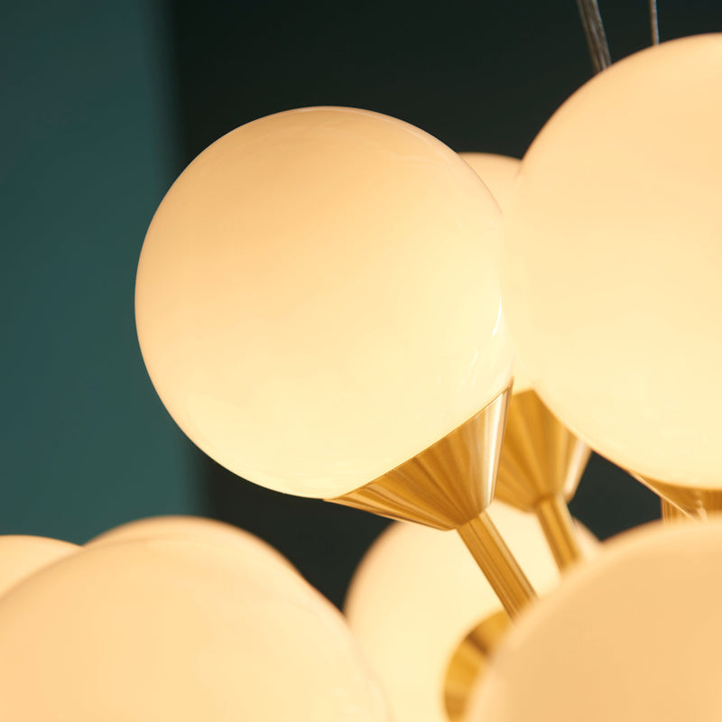 Endon Oscar 28 Light 76499 Chandelier Finished In Brushed Brass With White Glass Shades