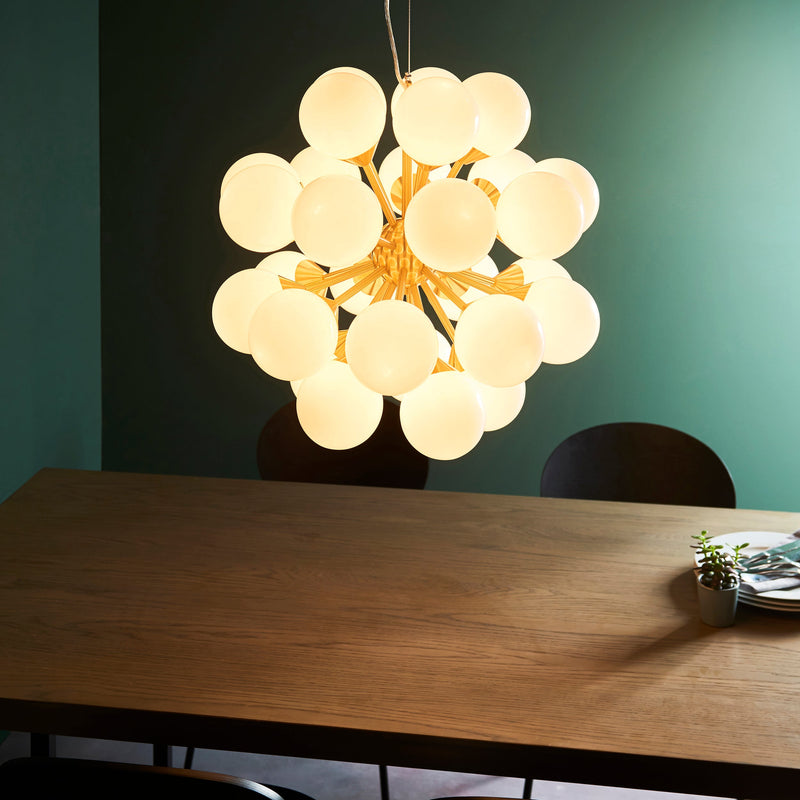 Endon Oscar 28 Light 76499 Chandelier Finished In Brushed Brass With White Glass Shades