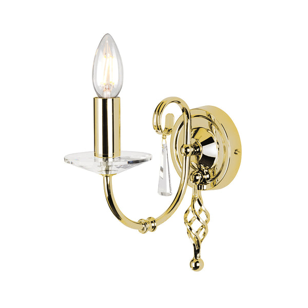 Elstead Aegean 1 Light Wall Light in polished brass, featuring hand-forged scrolls, cut glass droplets, and a durable steel build, perfect for classic and luxury interiors.